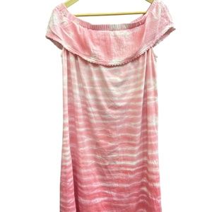 Style & Co Women's Tie Dyed Ruffled Dress Hi Lo Off The Shoulder‎ Pink Large